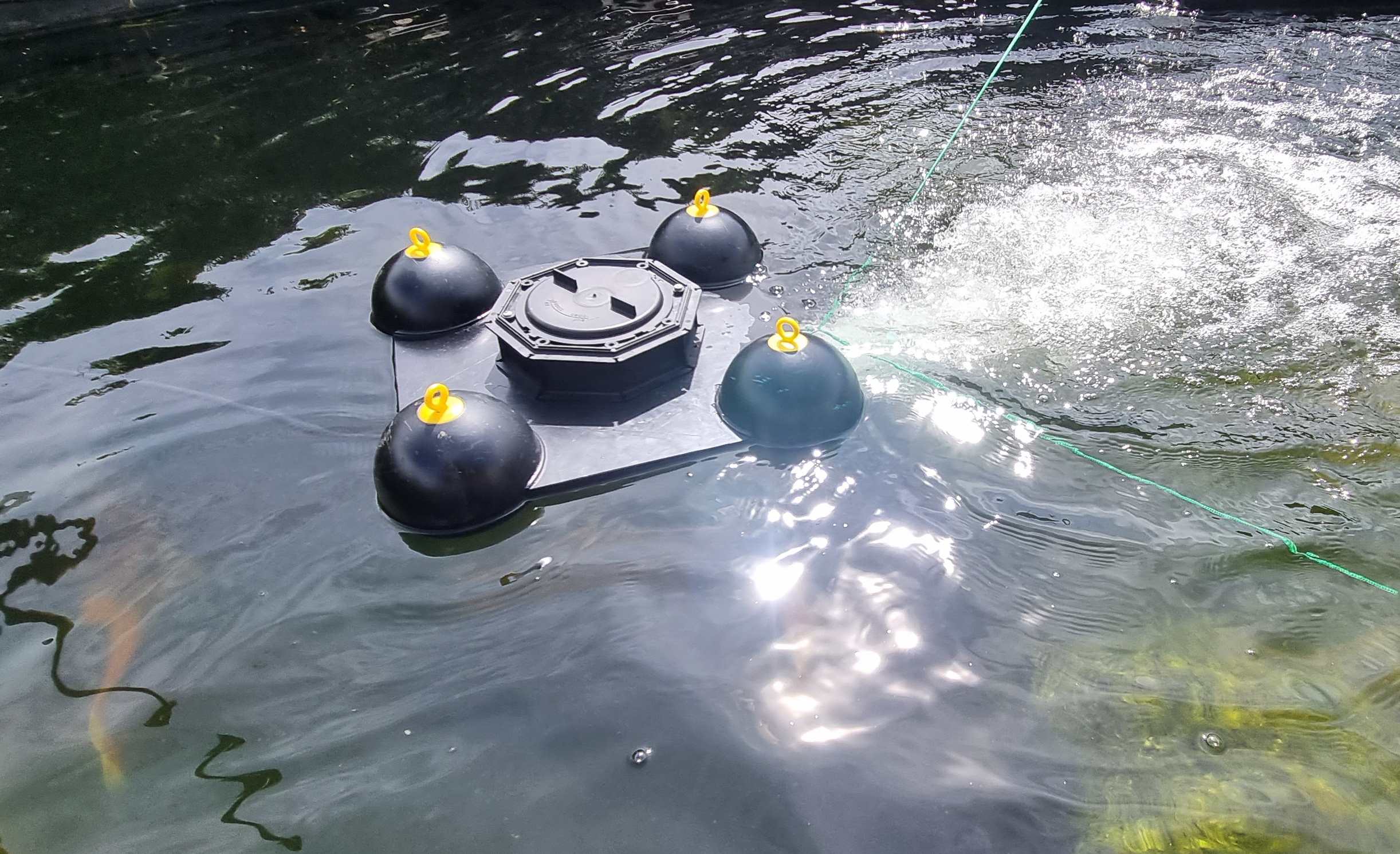 Teichinstallation des AquaAir HSB – zeigt das Gerät in einem länglichen Fischzuchtbecken, die horizontale Strömung ist erkennbar. Teichinstallation des AquaAir HSB – zeigt das Gerät in einem länglichen Fischzuchtbecken, die horizontale Strömung ist erkennbar.