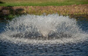Wasserauswurf eines schwimmenden Wasserbelüfter auf dem Teich