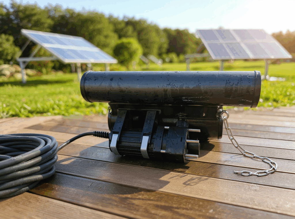 Solar-Wasserbelüfter · Der Enterprise HSB 110 Solar-Wasserbelüfter mit im Hinterrgrund sichtbaren Solar Panels Solar-Wasserbelüfter · Der Enterprise HSB 110 Solar-Wasserbelüfter mit im Hinterrgrund sichtbaren Solar Panels