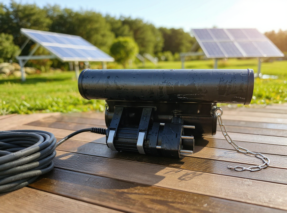 Solar-Wasserbelüfter · Der Enterprise HSB 110 Solar-Wasserbelüfter mit im Hinterrgrund sichtbaren Solar Panels