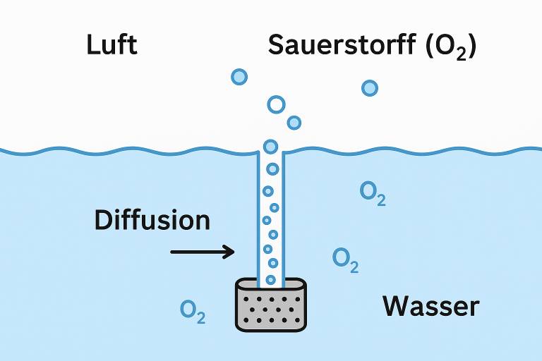 Schematische Darstellung der Diffusion von Sauerstoff zu Wasser