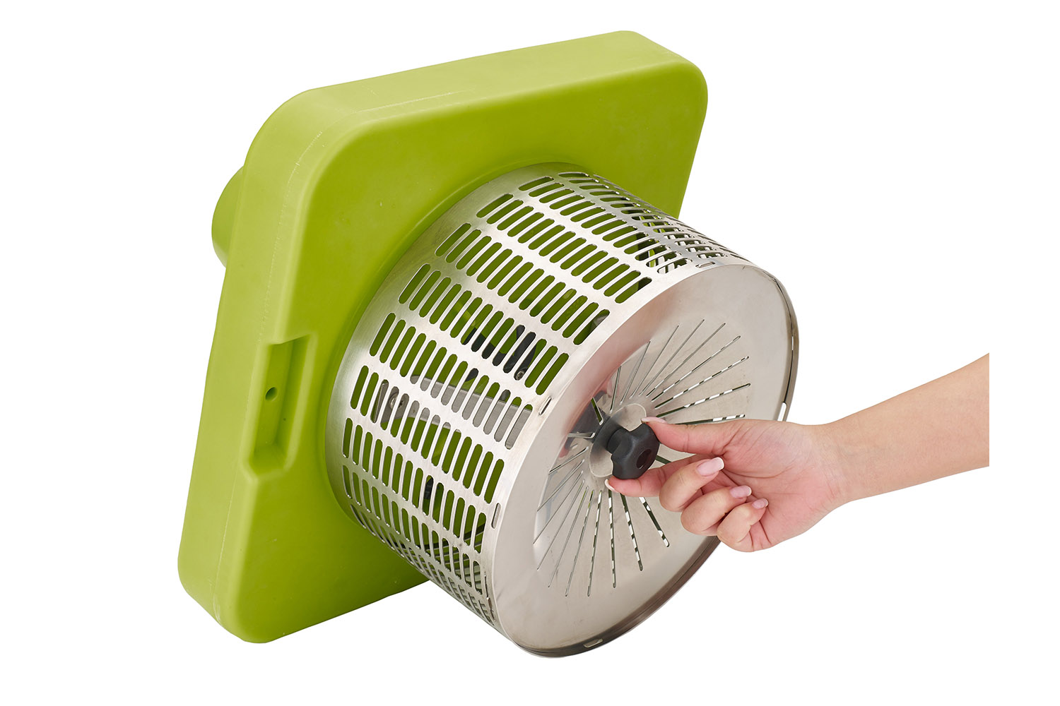 MiniMax Teichbelüfter mit obenliegendem Motor, rechteckigem Schwimmkörper und Edelstahl-Siebkorb.